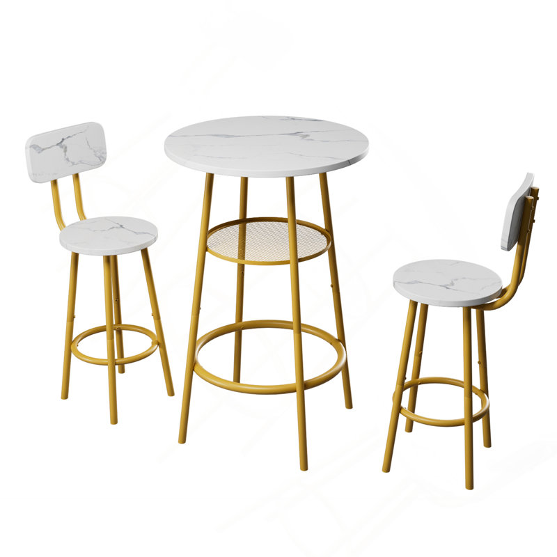 Ensemble de salle à manger 3 pièces avec table et 2 tabourets, plateau de table en faux marbre, petit mobilier de salle à manger pour la cuisine, la salle à manger et le bar personnel