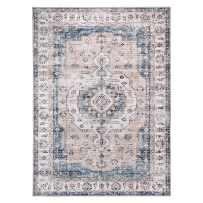 Bungalow Rose Light Blue/Ivory Machine Washable Area Rug – Non-Slip, Stain Resistant, GRS Certified, for Bedroom, Living & Dining