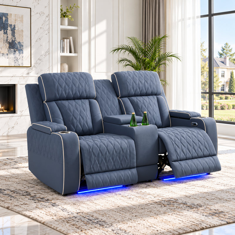 Ensemble de canapés inclinables électriques 2 pièces en similicuir haut de gamme pour salon, Similicuir bleu / gris