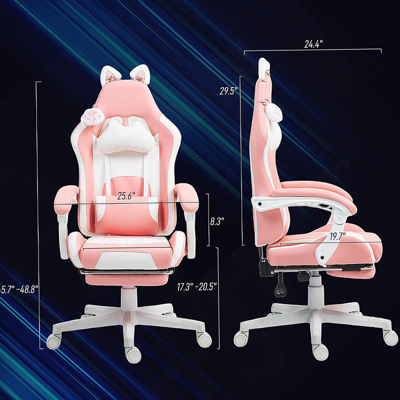 Gaming Chair With Footrest,Racing Gamer Chair, Headrest And Lumbar Support, For Home And Office, Pink/White