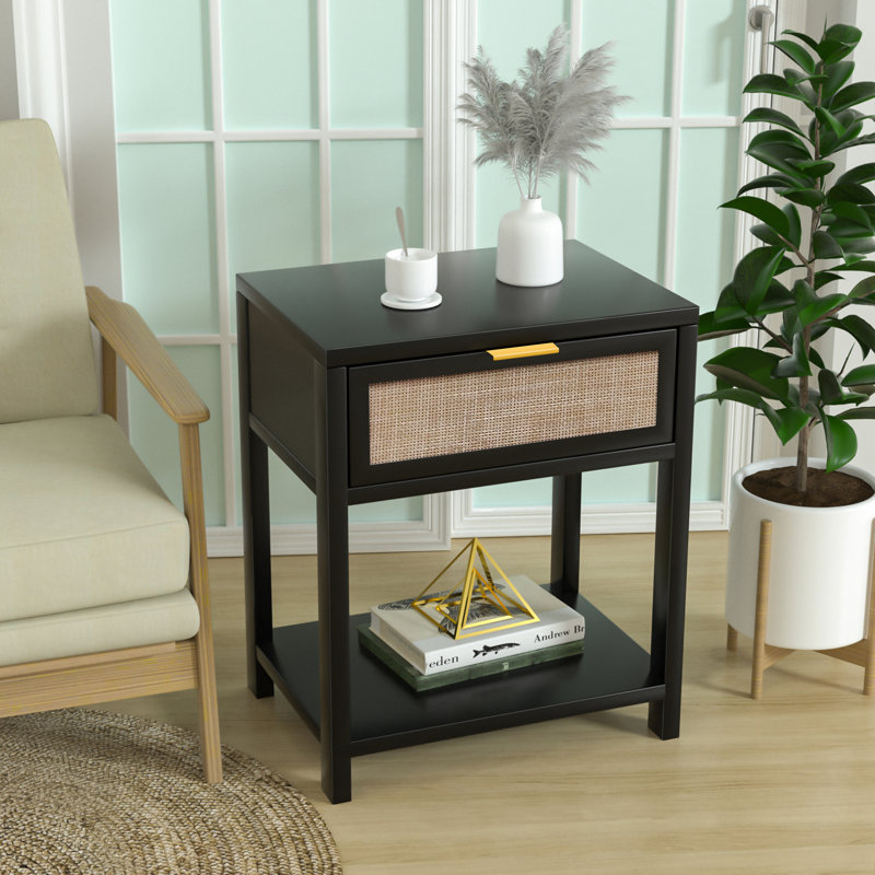 Wood Nightstand Mid-Century Modern End Table with Storage Drawer Rattan Bedside Table