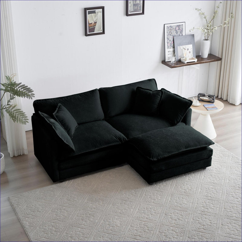 Canapés modulaires | Canapé moderne en L à 2 places avec repose-pieds pour petits espaces de vie, structure en bois massif | Noir | Chenille
