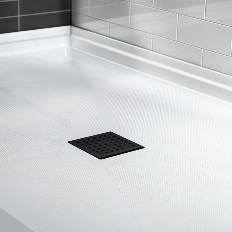 60" x 30" D Single Threshold Shower Panel Base with Drain Assembly and Drain Cover Included, Non-Slip, Centre, Noir mat