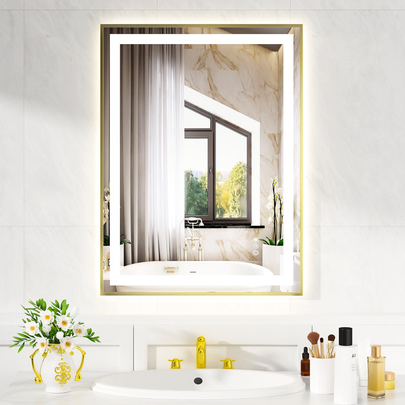 Miroir doré 24 x 32 po avec deux barres à DEL, éclairage arrière à l'avant, trois modes de couleur, contrôle de la luminosité vacillante, brumisation, style de montage horizontal ou vertical, commande d'énergie, rappel intelligent