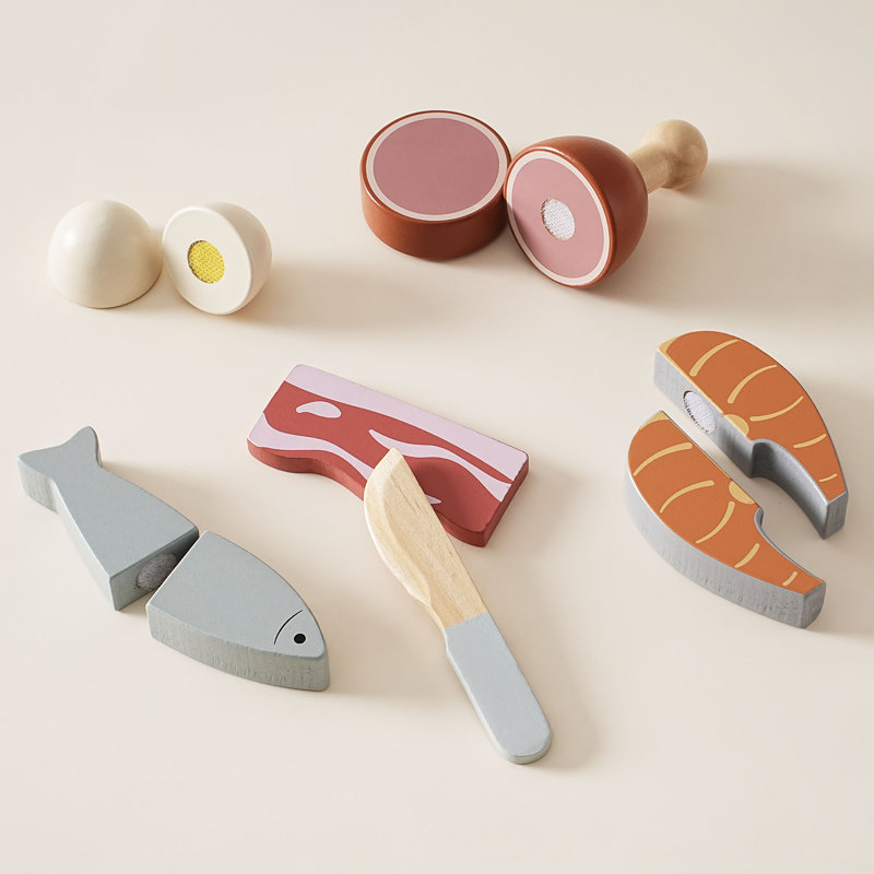 Wooden Play Food Cutting Meat & Eggs Set, Pretend Play Toy Food for Play Kitchen with Shopping Bag