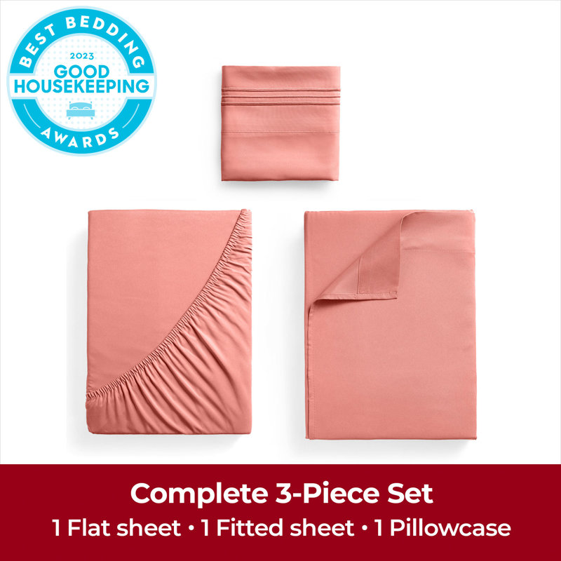 Ensemble de draps Mellanni 1800, Ensemble de draps pour lit simple avec deux taies , Corail