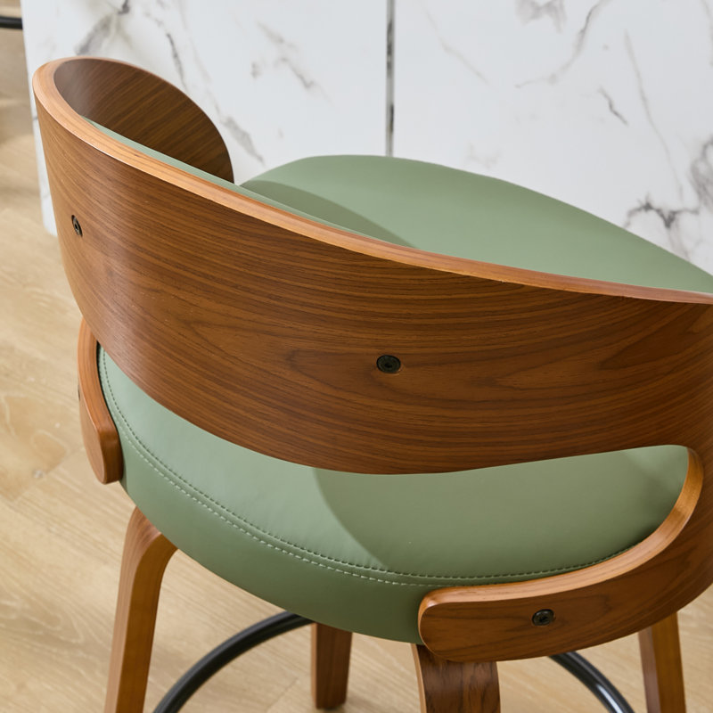 Modern Faux Leather Swivel 30'' Bar Stools , Wood Bar Stools with Footrest, Green, Bar Stool (30" Seat Height)