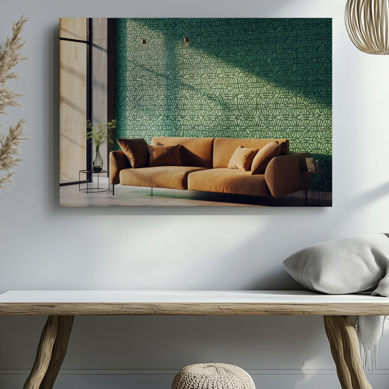 Toile une élégante scène intérieure avec un papier peint géométrique texturé dans des tons de vert riche présentant des motifs complexes d'art mural sur toile