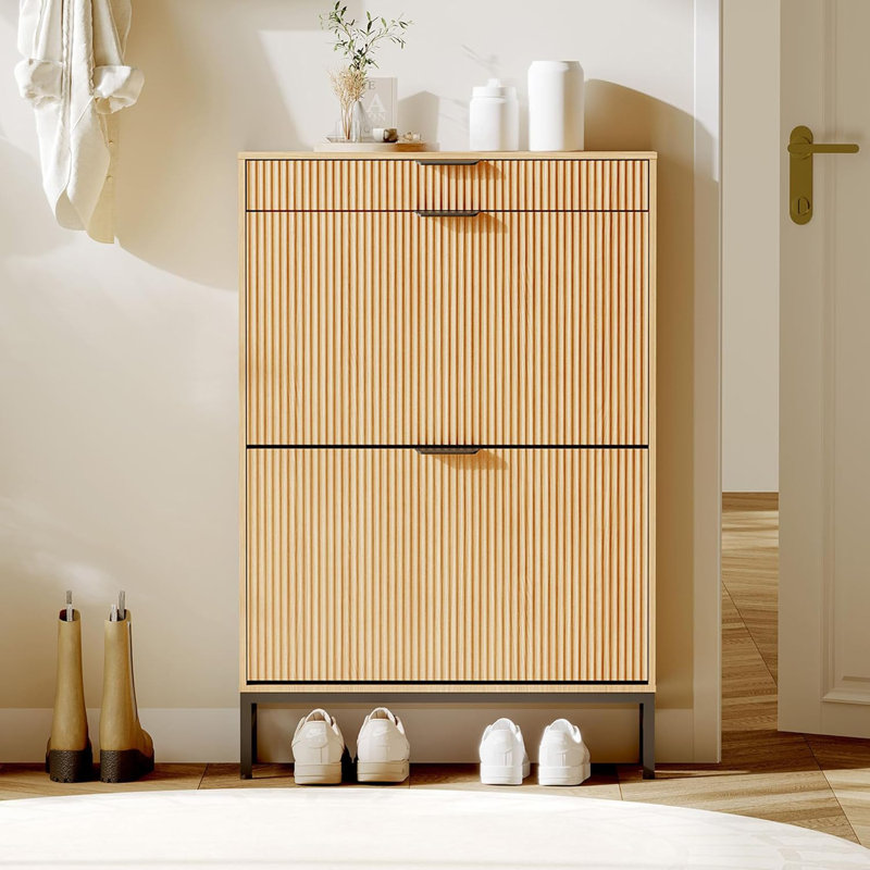 Fluted Shoe Storage Cabinet, Natural Wood