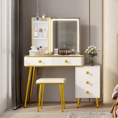 Coiffeuse de maquillage avec miroir tricolore à intensité variable, station de charge, sous-armoire à 5 tiroirs, tabouret moelleux