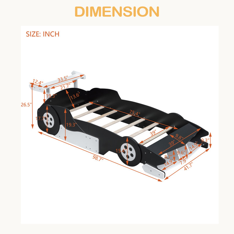 Lit plateforme simple en forme de voiture de course avec roues,, Noir