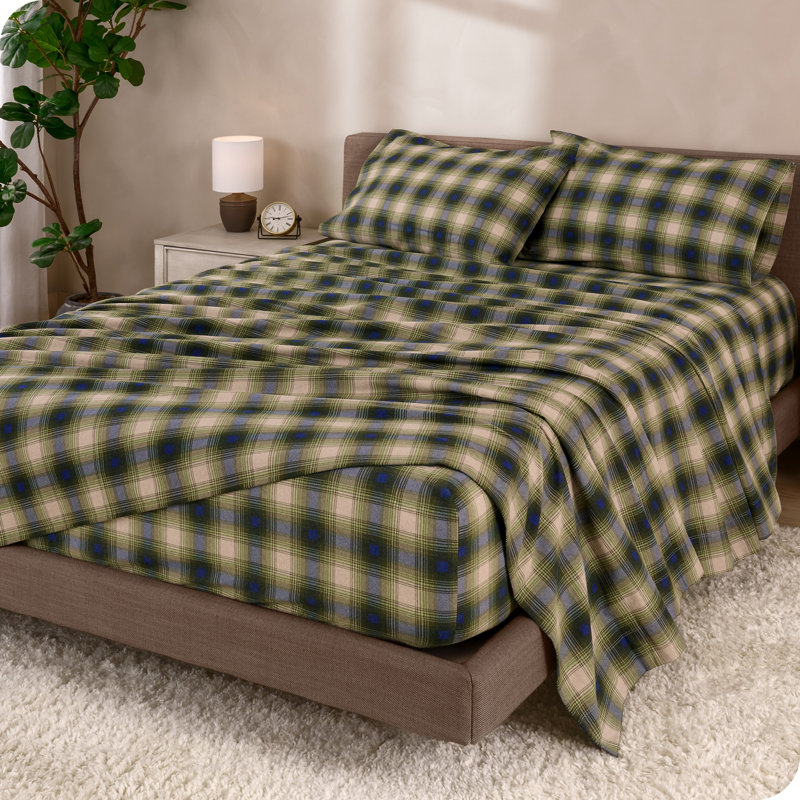 Ensemble de draps 100% flanelle de coton, Tissu écossais vert voyageur, Ensemble de draps double / double avec 2 taies d'o