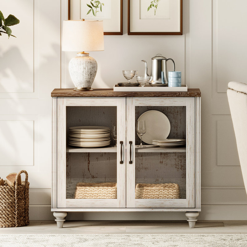 Scarlett Sideboard Cabinet With Bar Hutch, Buffet Cabinet With 2 Glass Doors, Rustic White/Brown