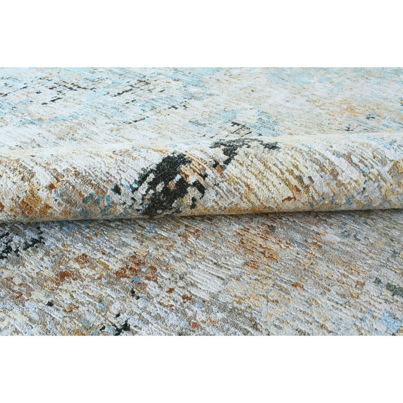 Hand Knotted Abstract Area Rug in Silver/Blue/Ivory, Rectangle 9' x 12'