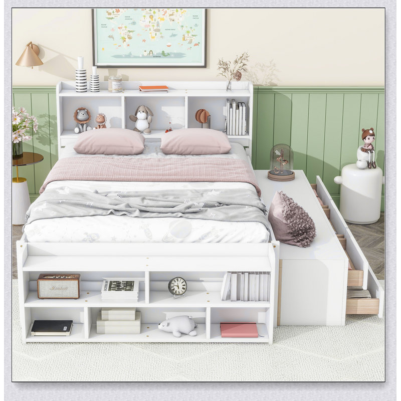 Lit double avec rangement sous le lit et armoire de bout, Blanc