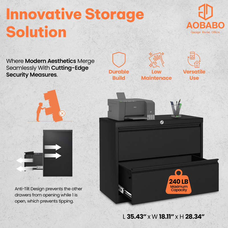 Aobabo Black Locking 2 Drawer Steel Filing Cabinet