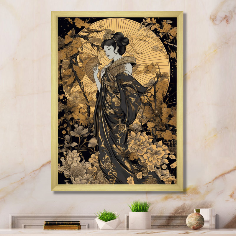 Femme japonaise élégante I - Impression sur toile, Encadrement doré, H 40 po x l 30 po x P 1,5 po