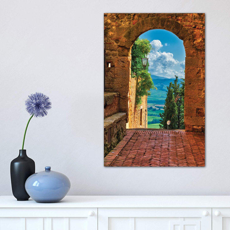 Arch With The View Of The Tuscan Countryside, Pienza, Tuscany, Italy by George Oze - Wrapped Canvas Print