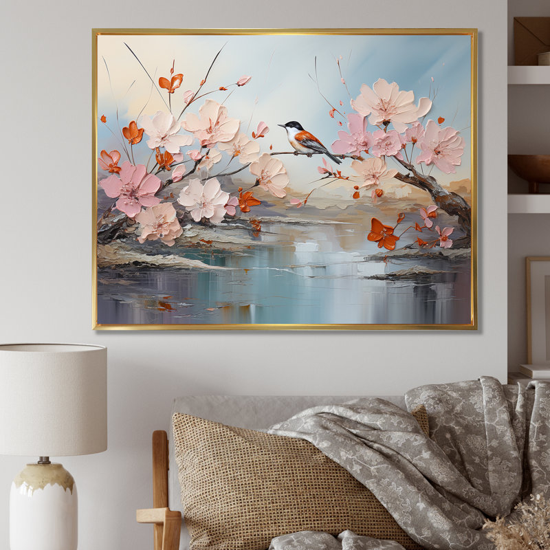 Birds Of Paradise Flowers Fields I sur toile, Cadre flottant doré, H 16 po x l 32 po x P 0,5 po