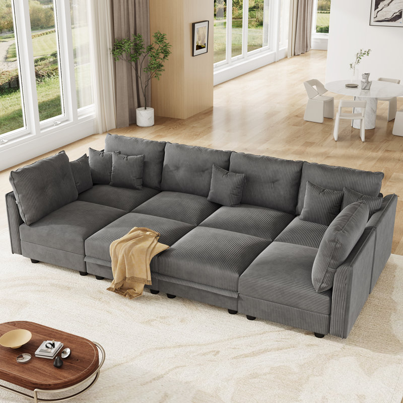 8 Seat Corduroy Convertible Modular Sectional Sofa With Storage, 6 Back Cushion 6 Throw Pillow, Gray Corduroy