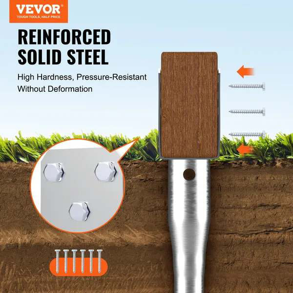 Ancrage au sol sans creusage VEVOR, paquet de 1 poteau à visser 3,94 po x 2,76 po x 27,56 po, comprend 6 tire-fonds et une barre d'armature, support de poteau en acier robuste en forme de U, idéal pour les poteaux de boîte aux lettres et les poteaux de clôture