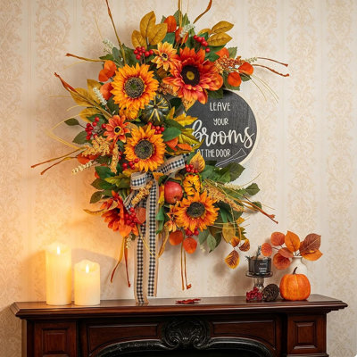 Couronne de tournesol d'automne rustique 24 po - Décoration de porte d'entrée à motif citrouille, feuille d'érable et arc Buffalo