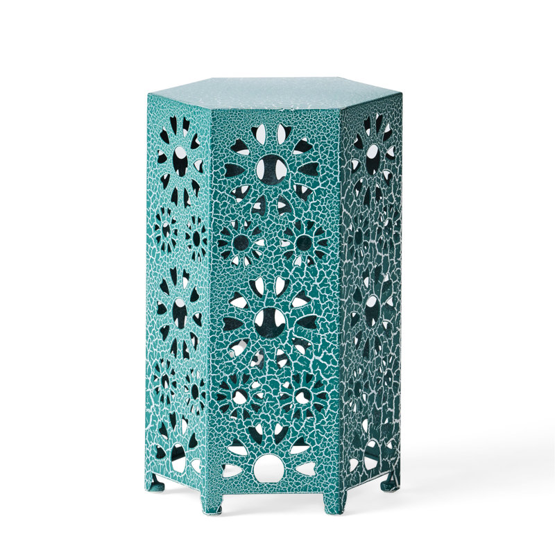 12" Iron Side Table - Crackle Teal Finish Modern Pattern Lightweight & Suitable For Patio, Living Room No Assembly Required In Construction Cut Out Design For Patio And Indoor Use