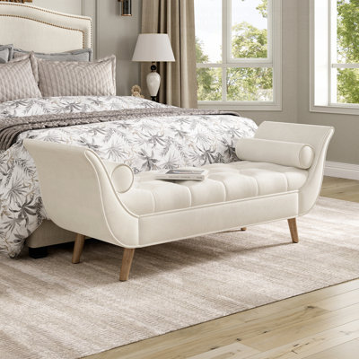 Banc rembourré en velours avec 2 coussins, repose-pieds capitonné, repose-pieds à accoudoirs roulés et pieds en bois massif pour le vestibule et le salon