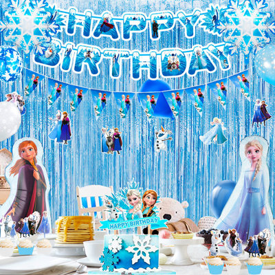 Ensemble de 63 décorations de fête d'anniversaire congelées, 63 pièces de fête d'anniversaire Elsa, ensemble de fournitures de fête pour enfants