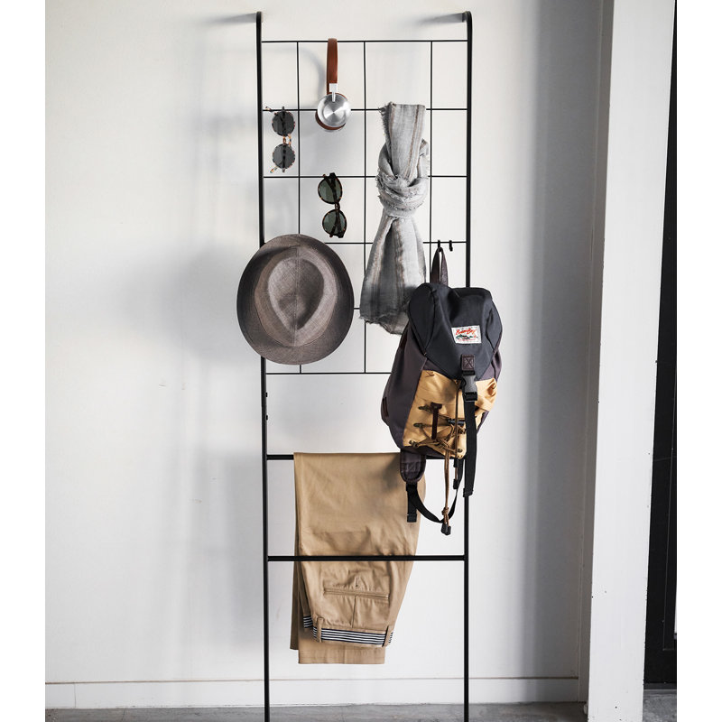 Black Steel Grid-Panel Leaning Ladder Storage Rack