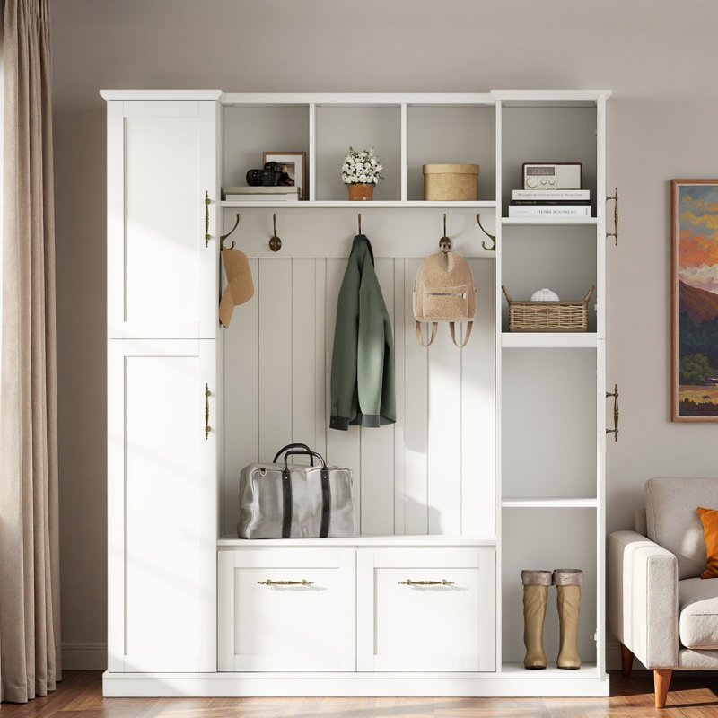 Farmhouse Elegant Hall Tree With 4 Side Cabinets, Open Compartments, Bottom Cabinets, Sturdy Hooks And Bench, White