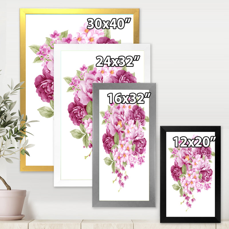 Fleurs roses rétro - peinture sur toile, Toile avec cadre noir, H 40 po x l 30 po x 1,5 po