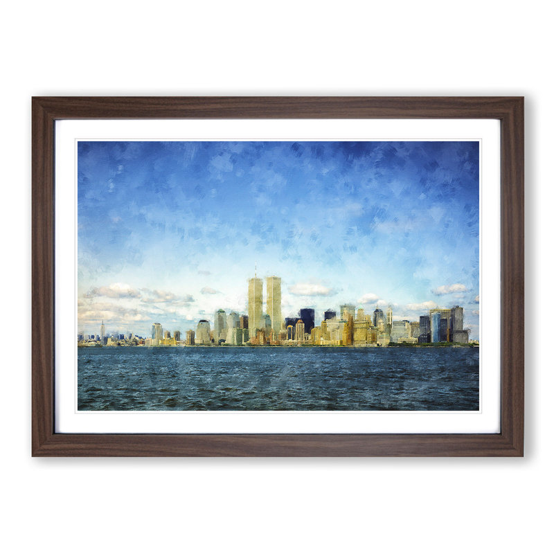 New York Skyline with the Twin Towers - Picture Frame Graphic Art Print, Walnut Framed, 24cm H x 33cm W x 2cm D