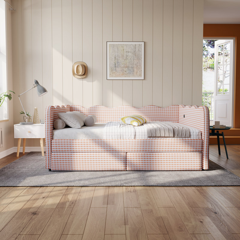Lit de jour Gingham avec 2 tiroirs de rangement et port USB, forme ondulée, Grand lit, Rose