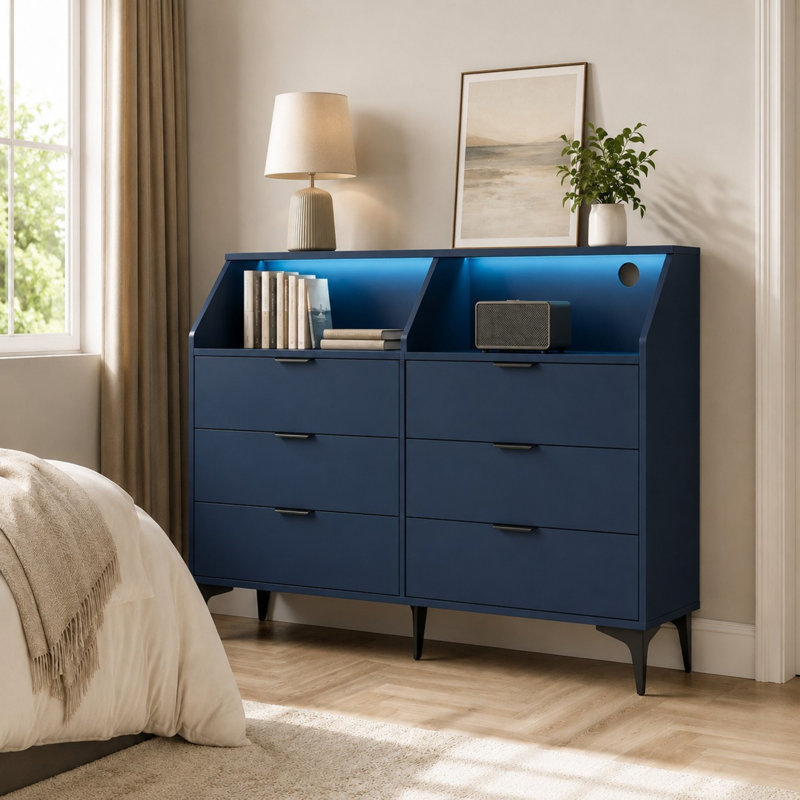  Commode double 6 tiroirs l 47,2 po - Bleu, Bleu