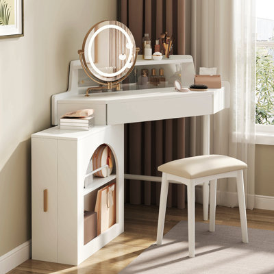 Bureau de coiffeuse de coin avec miroir et lumières à DEL, ensemble de coiffeuse moderne avec miroir et tabouret, coiffeuse avec grand rangement pour petite place, miroir pliant réglable en luminosité, blanc