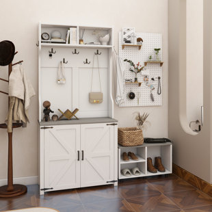 Farmhouse 4-In-1 Hall Tree With Barn Doors, Movable Bench With 7 Hanging Hooks And Shoe Storage Cabinet, 76.9"H Entryway Coat Rack With 6 Brake Wheels For Hallway, Living Room, Black