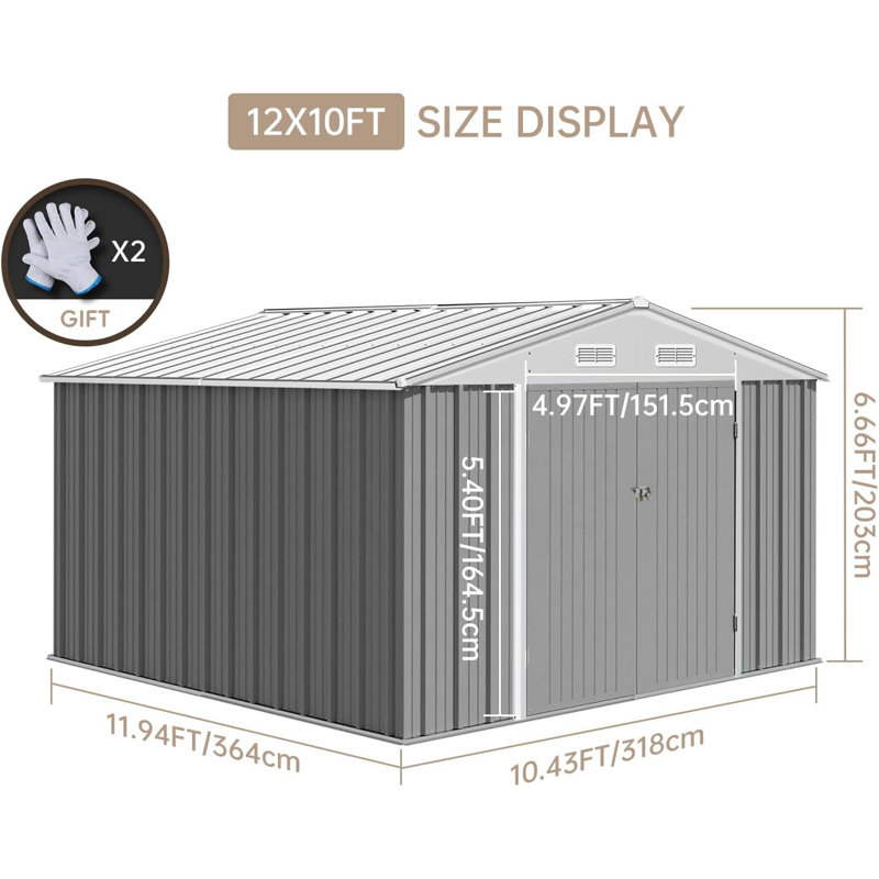 Ensemble de remise extérieure en métal imperméable 12 x 12 pi avec porte à double porte verrouillable pour la cour et le jardin