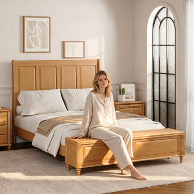 Queen Bed Frame With Tall Headboard And Storage Bench,Soild Wood Sleigh Bed With 64" Storage Chest,No Box Spring Needed, Natural