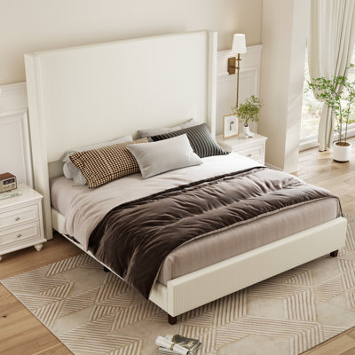 Corduroy Upholstered King Size Bed Frame With Wingback Headboard