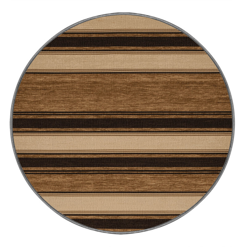 Washable Sandstone Brown Striped Area Rug, Round 6'