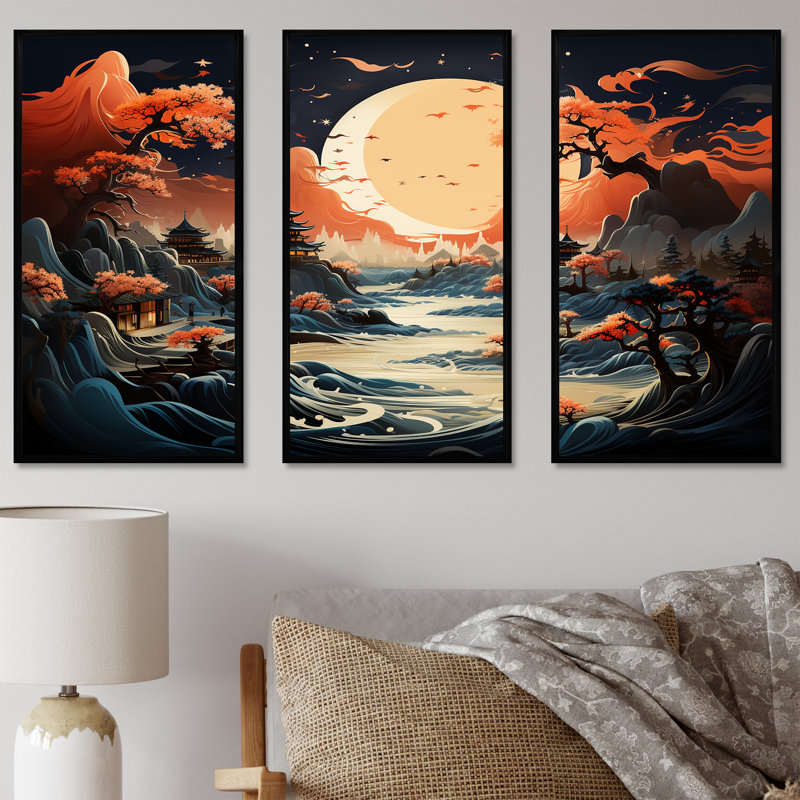 «China Mountain and River Landscape Bliss II», art mural Chine, Cadre flottant noir, H 28 po x l 36 po
