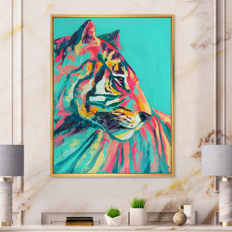 Pop Art turquoise et tigre rose - décoration murale moderne en toile, H 40 po x l 30 po x P 1,5 po