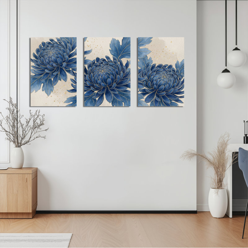 Ensemble de 3 tableaux sur toile tendue à motif floral de chrysanthèmes bleus, pour la décoration du salon et de la chambre.