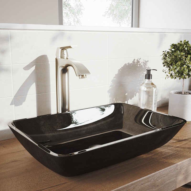Donatello 18" L x 13" W x 4" H Rectangular Glass Vessel Bathroom Sink with 12" H Faucet, Gray Onyx, Brushed Nickel