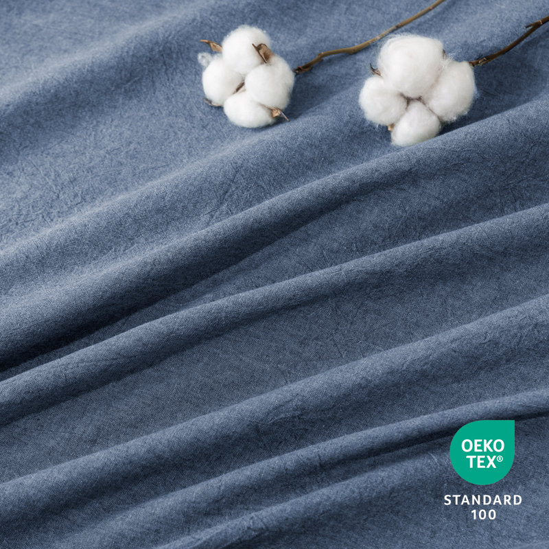Solayne 100% Washed Cotton Duvet Cover Set with Faux Hemp Texture, Solid Color, Zipper Closure and Corner Ties, Navy