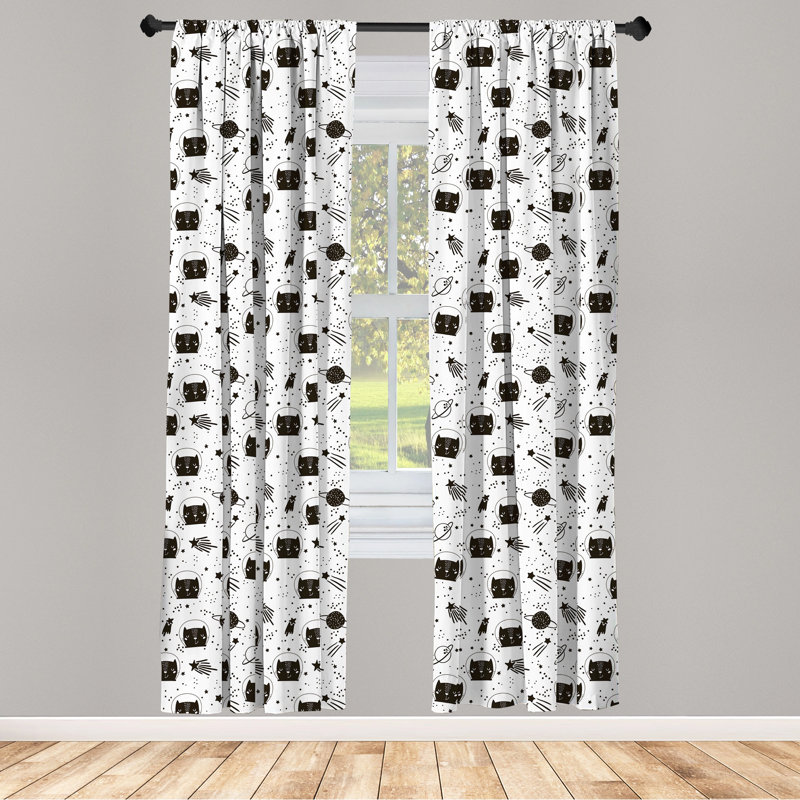 Black and White Space Cat Pattern Rod Pocket Curtains