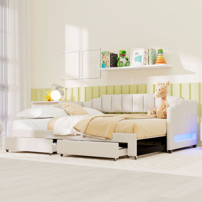Lit de jour capitonné avec deux tiroirs de rangement et éclairage DEL pour chambre à coucher ou chambre d'amis
