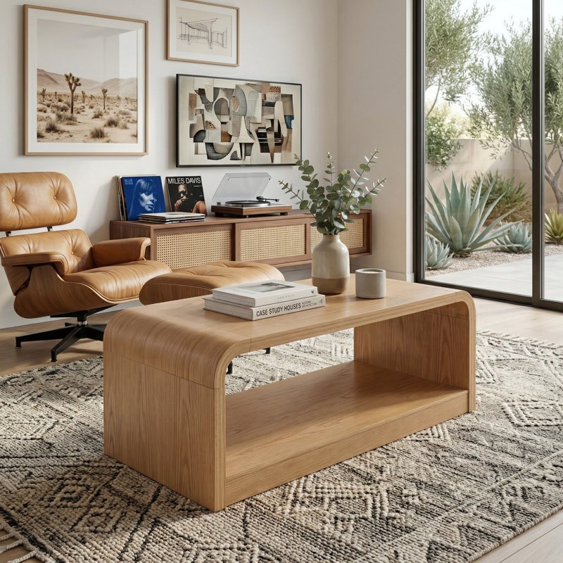Modern Curved Edge 47.24" Wide Natural MDF Coffee Table with Open Storage Shelf, Natural
