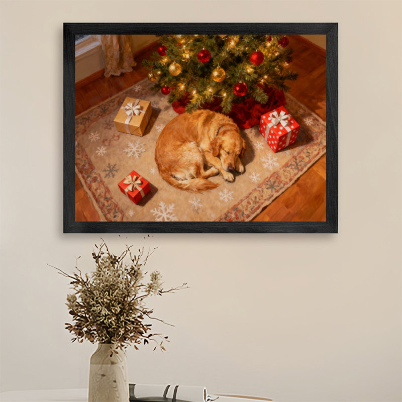 Noir rétro encadré noir - Chiens gardant des cadeaux, art mural, impressions de style rétro, H 25 po x l 37 po